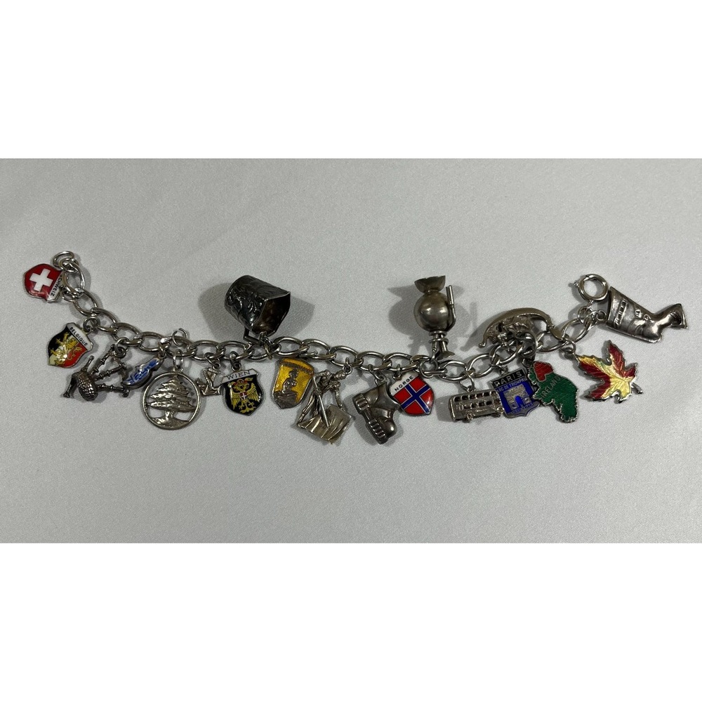 Vintage Sterling Silver Travel Charm Bracelet Loaded 925 Europe Enamel Egypt